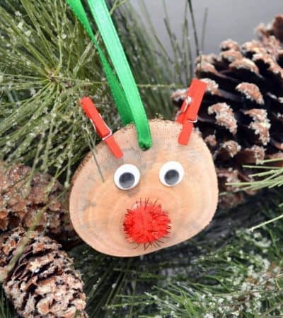 This DIY rustic wood slice Rudolph the red nosed reindeer ornament is easy to make and will look great on your Christmas tree.