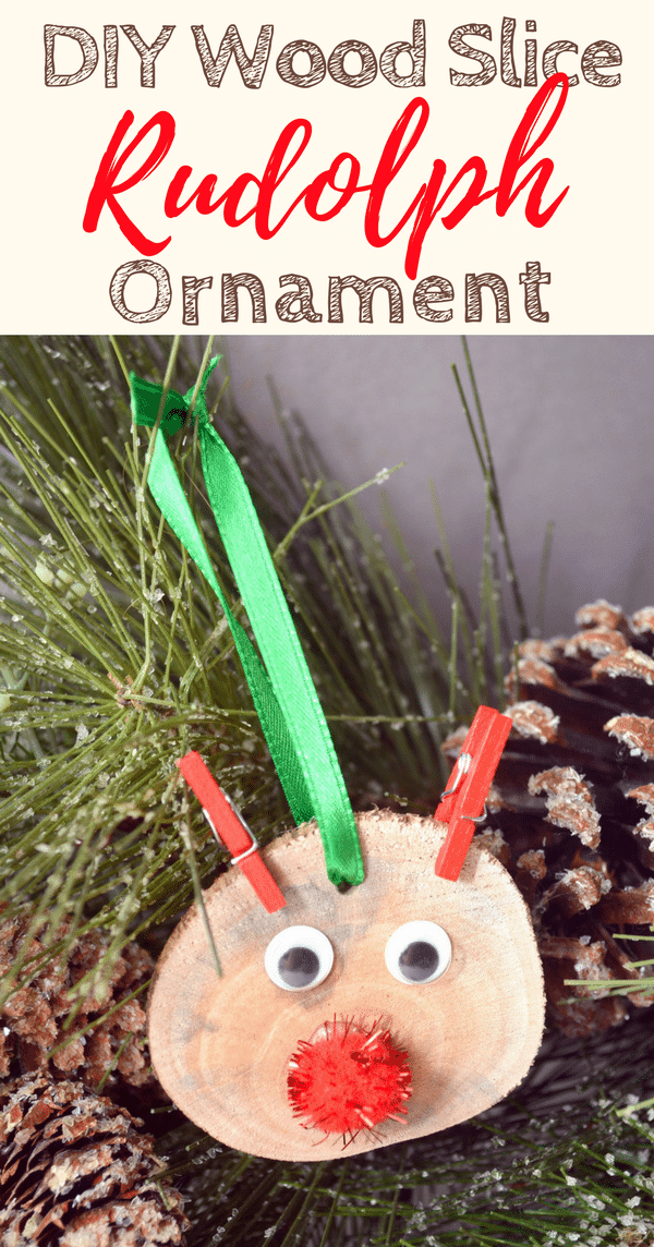 This DIY rustic wood slice Rudolph the red nosed reindeer ornament is easy to make and will look great on your Christmas tree.