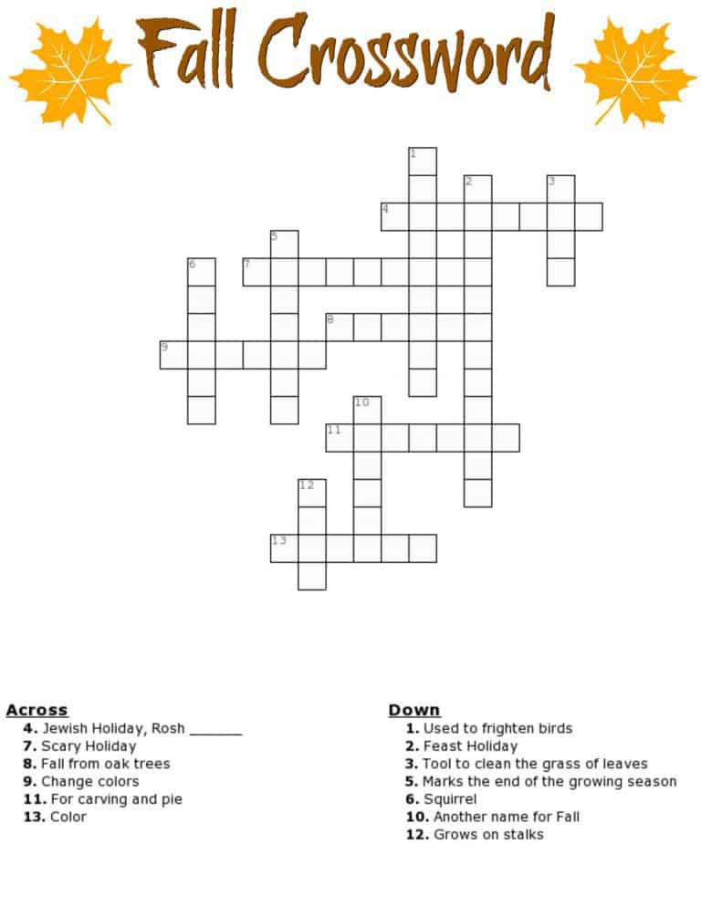 Fall Crossword Puzzle Free Printable Worksheet