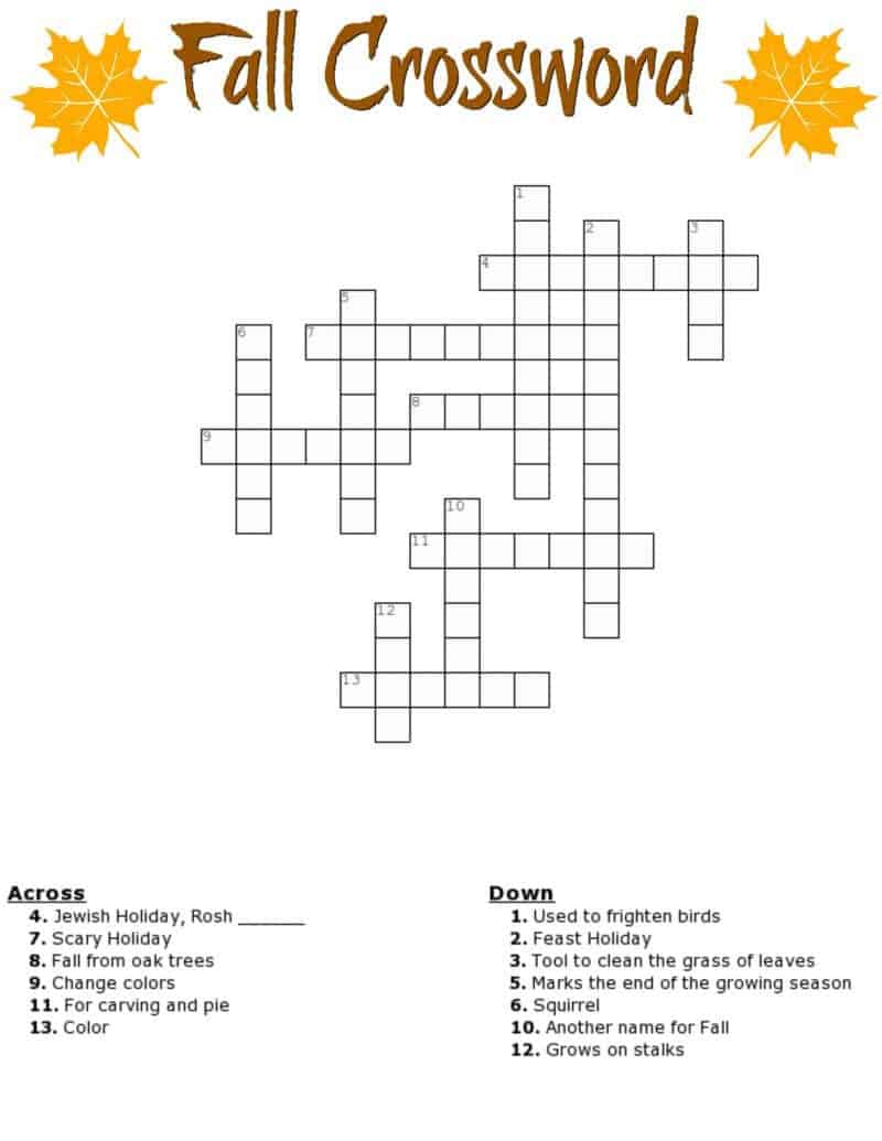Fall Crossword Puzzle Free Printable Worksheet