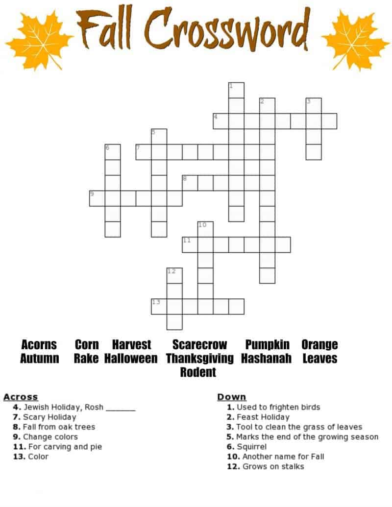 Free Fall crossword puzzle printable worksheet available with and without a word bank. Perfect for the classroom or as a fun Autumn activity at home.