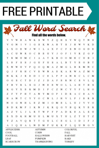 Free Fall Word Search printable worksheet with 15 Fall themed vocabulary words. Perfect for the classroom or as a fun Autumn activity at home.