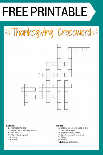 Free Thanksgiving crossword puzzle printable worksheet available with and without a word bank. Perfect for the classroom or as a fun Thanksgiving activity at home.