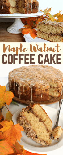 This Maple Walnut Coffee Cake has a thin layer of cream cheese filling, enhanced with toasted walnuts and maple. A generous amount of crumbly streusel on top is drizzled with maple icing, adding layers of flavor that enchant but don’t overpower.
