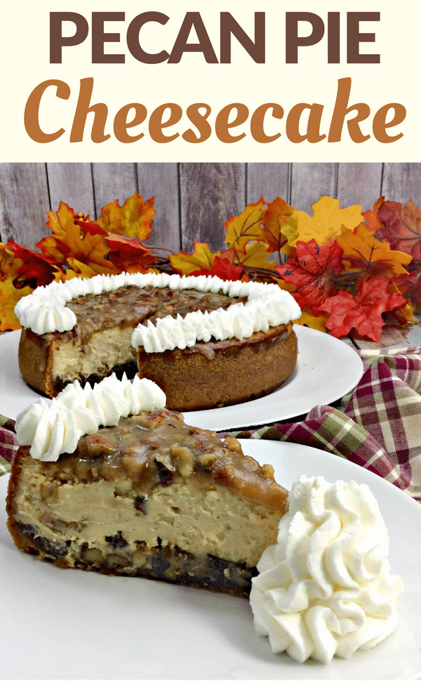 If you love cheesecake and pecan pie, you’re going to flip over this pecan pie #cheesecake. The combination of these two desserts is downright decadent. #PecanPie #DessertRecipe #PieRecipe #PecanPieCheesecake