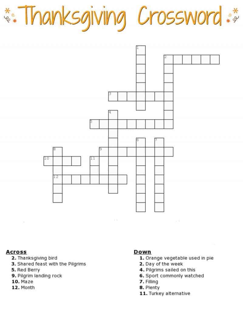 thanksgiving crossword puzzle free printable for kids or adults