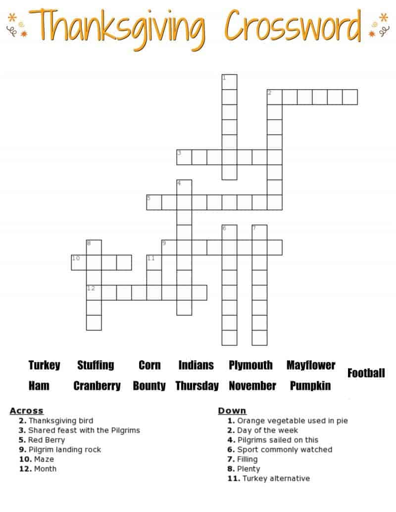 Free Thanksgiving crossword puzzle printable worksheet available with and without a word bank. Perfect for the classroom or as a fun Thanksgiving activity at home.