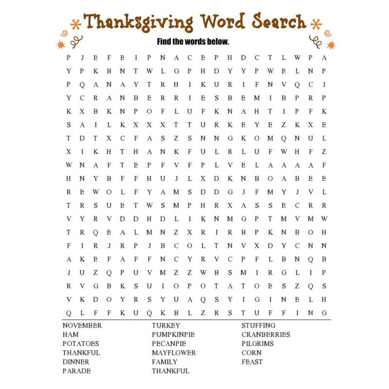 Thanksgiving Word Search Free Printable Worksheet