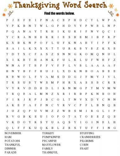 Thanksgiving word search with a word back containing with 17 Thanksgiving words such as turley, dinner, family, stuffing, family, and parade.