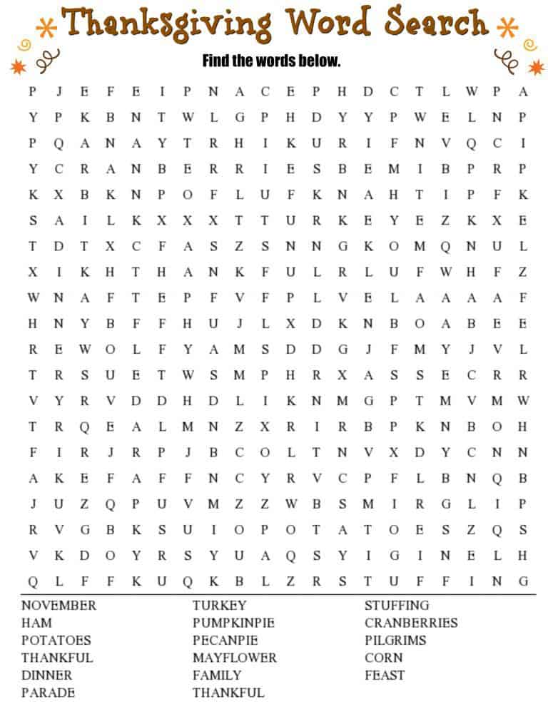 Thanksgiving Word Search Free Printable Worksheet