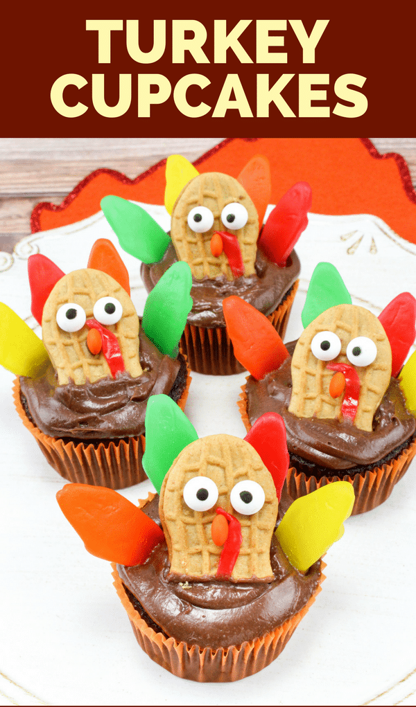 Made with Nutter Butters, Fruit Roll-Ups, Swedish Fish, and mini M&Ms, turkey cupcakes are colorful, tasty, and so much fun for the kids to help create.