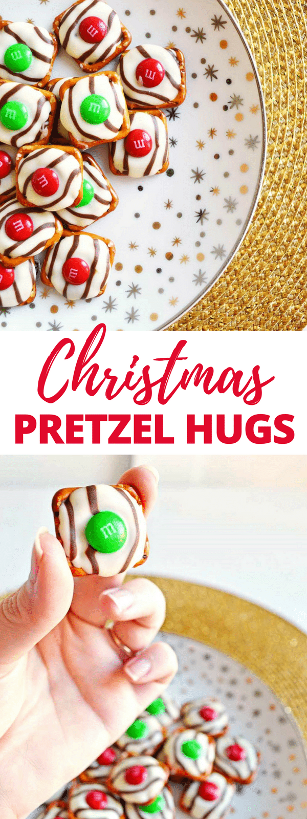 Salty-sweet Christmas pretzel hugs treats are quick and easy to make with just 3 ingredients: square pretzels, M&Ms, and Hershey's Hugs.