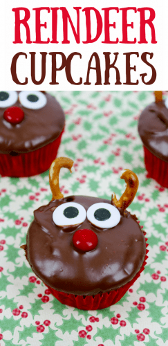 These cute Christmas reindeer cupcakes are ridiculously easy to make by decorating chocolate cupcakes with M&Ms, pretzels, and candy eyes.