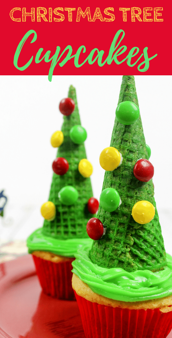 These fun Christmas tree cupcakes are easy to make by topping cupcakes with sugar cones and then decorating them with M&Ms as ornaments. 