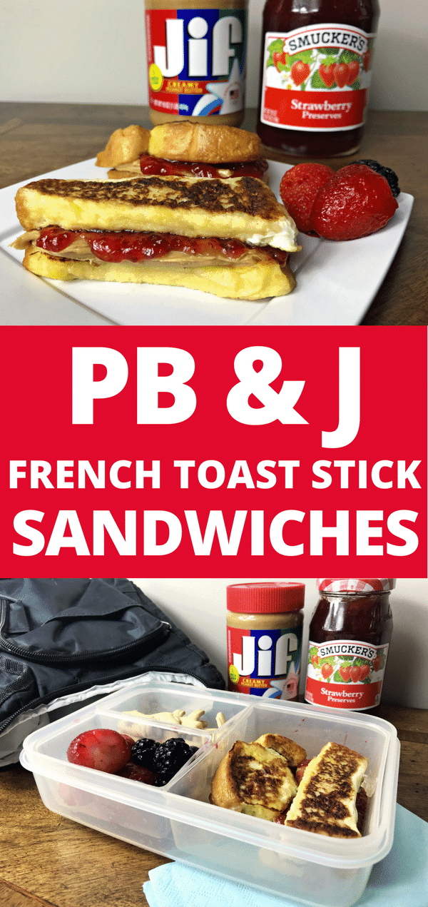 Looking for a creative and fun lunch idea for the kids? These fun and tasty PB&J French toast stick sandwiches are a quick and easy lunch that the kids will love. 
