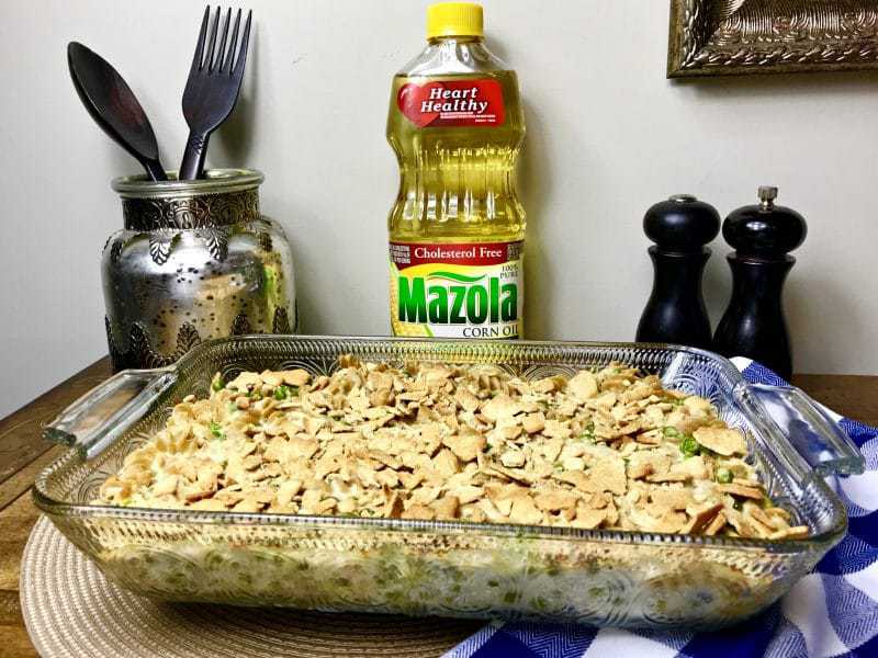 This better for your version of a classic tuna pasta casserole swaps out some of the traditional ingredients for healthier alternatives such as multigrain pasta, low fat cream of mushroom soup, skim milk, reduced fat cheddar cheese, whole grain cracker crumbles, and Mazola Corn oil.
