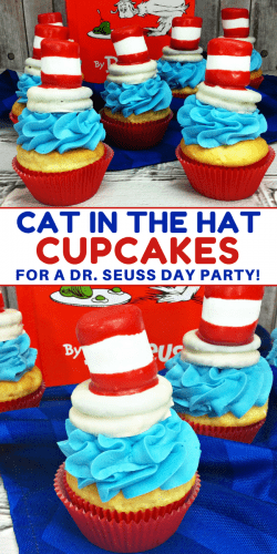 Cat in the Hat cupcakes are the perfect treat to make for a Dr. Seuss Day party or Dr. Seuss birthday party. Made using boxed cake mix and premade frosting, the only thing you really need to spend time on is the fun Cat and the Hat topper that sits on top of the cupcakes!
