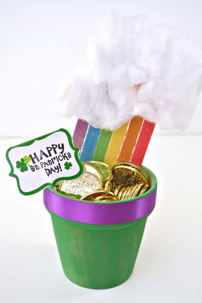Want to make a fun DIY St. Patrick's Day Decoration for your home or classroom? This end of the rainbow pot of gold planter is the perfect homemade St. Patrick's Day decor idea! It would make a great St. Patrick's Day centerpiece for the table as well!