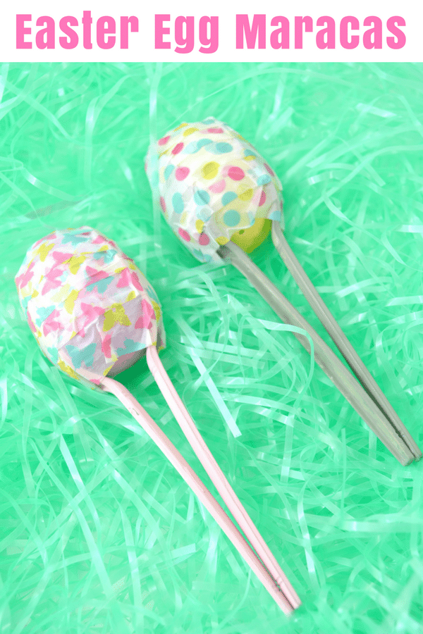 Easter egg maracas are a fun DIY instrument for toddler and preschoolers. They are easy to make using plastic eggs, plastic spoons, washi tape, and rice or beans. 
