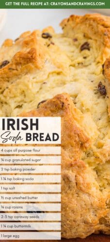 Irish soda bread with raisins, featuring ingredient text and the words “Irish Soda Bread”