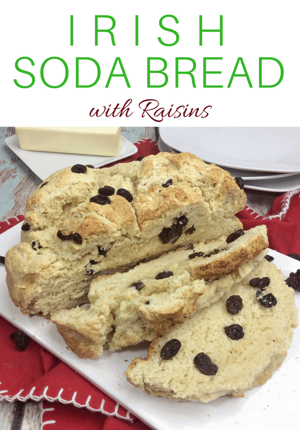 You will love this quick and easy Irish Soda Bread with Raisins recipe made with flour, baking soda, salt, sugar, egg, butter, buttermilk, and raisins for St. Patrick's Day or any time of year!