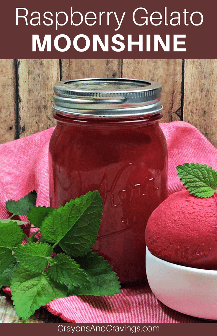 An easy homemade moonshine recipe with Everclear, raspberries, sugar, mint, and vanilla.  This sweet and refreshing Raspberry Gelato Moonshine is a great fruit flavored moonshine recipe that can be enjoyed on its own or mixed to make a cocktail.