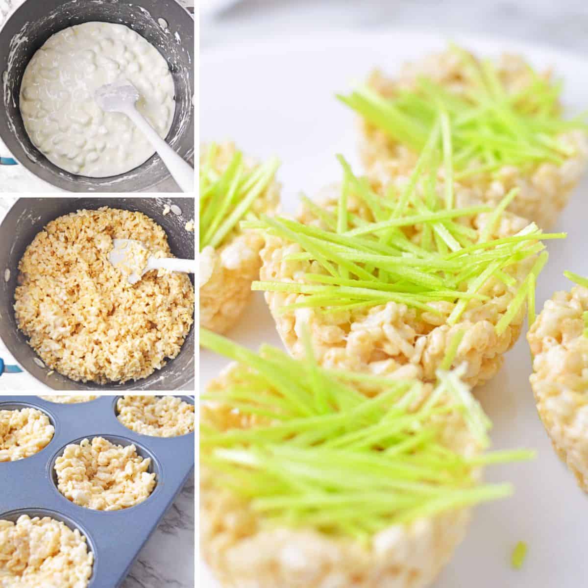 In-process image collage showing a pot with partially melted marshmallows, the pot with Rice Krispies added, the cereal mixture pressed into muffin pan, and the bird's nest removed from the muffin tin and filled with pieces of green grass.