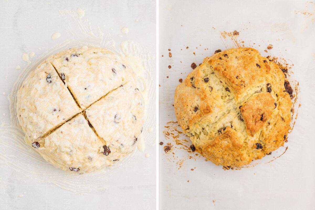 Split image showing unbaked Irish soda bread with raisins on the left with a cross cut into the top, and the fully baked golden-brown loaf on the right with visible raisins and crisp edges.
