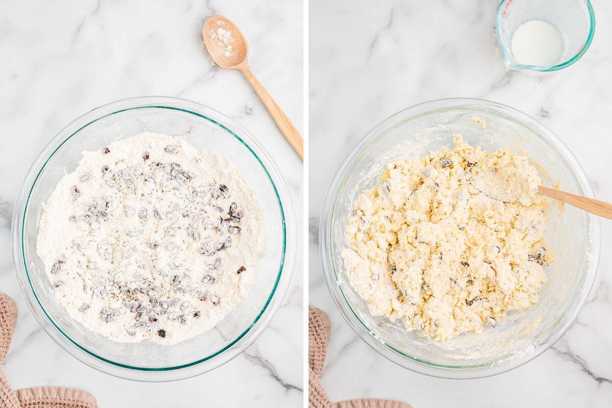 Two images side-by-side. Left side shows dry ingredients with raisins in a glass bowl. Right side shows partially mixed, crumbly dough in a bowl with a wooden spoon.
