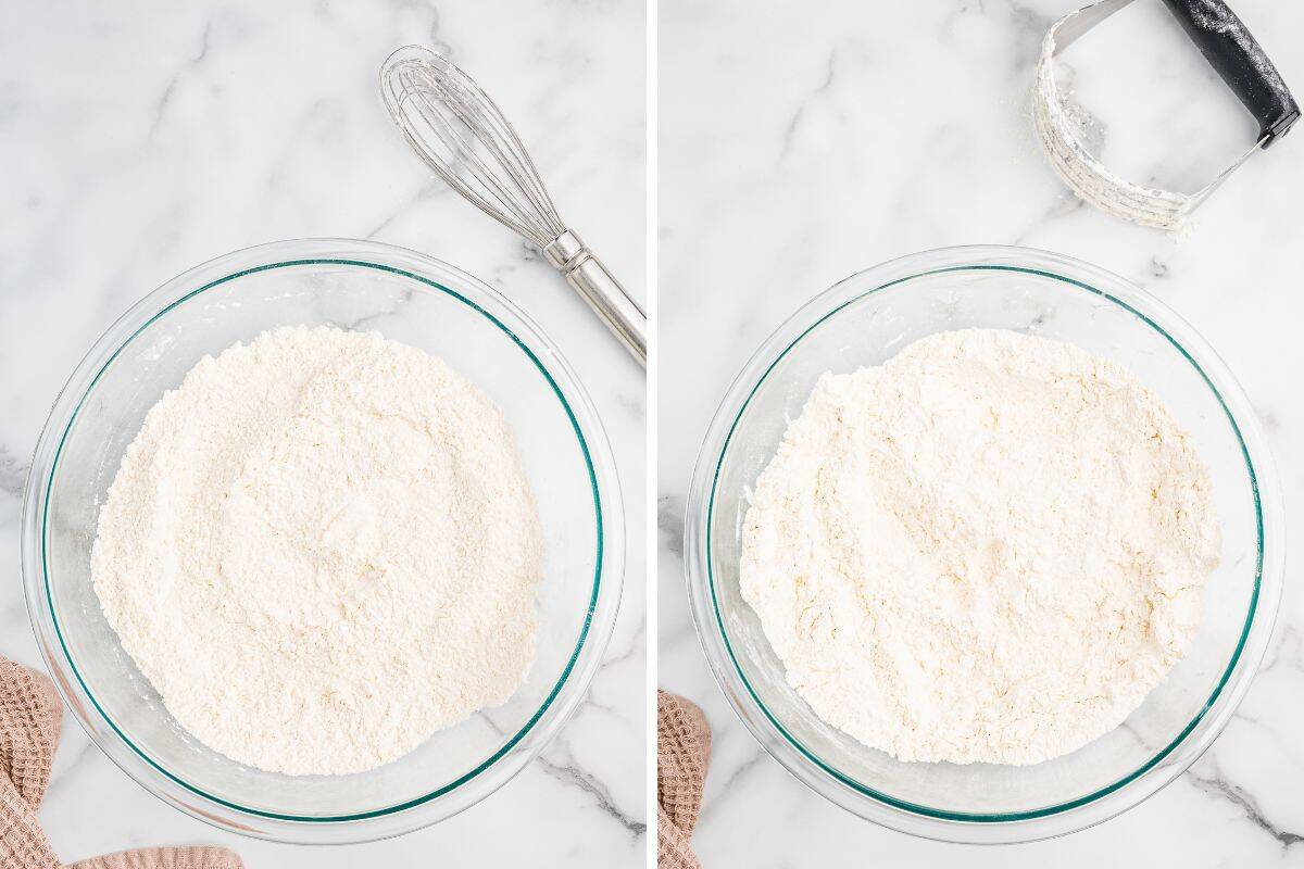 Left image shows flour in a bowl with a whisk nearby. Right image shows crumbly flour mixture after butter is cut in, with a pastry cutter next to the bowl.