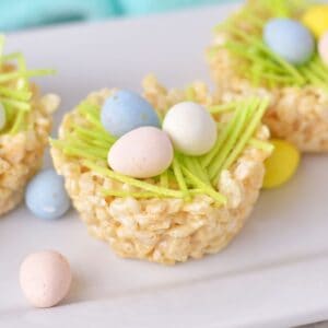 Rice krispie nests with mini eggs and edible grass.