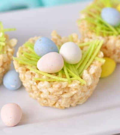 Rice krispie nests with mini eggs and edible grass.