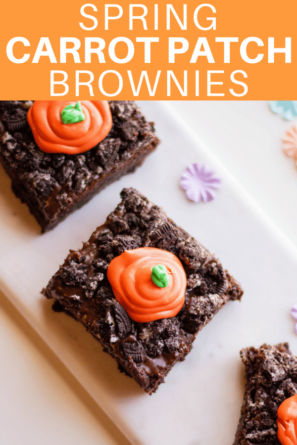 Spring Carrot Patch Brownies are a chocolatey, ooey-gooey, Oreo crumble-covered, delicious Spring treat. These cute garden brownies are perfect to make for dessert on Easter, or for any Spring gathering.