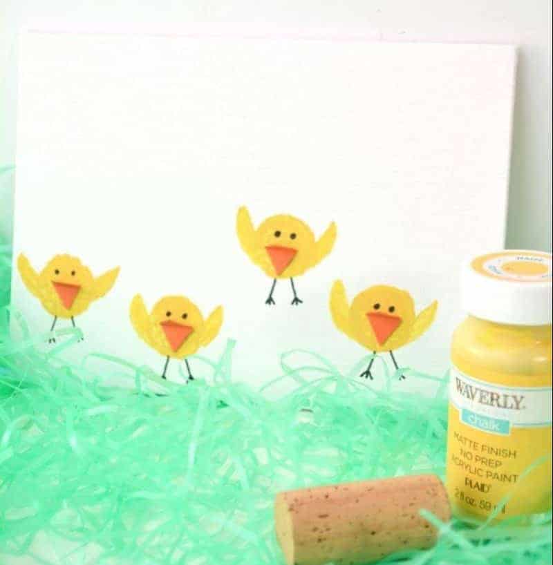 Are you looking for a fun Easter chicks craft idea? This cute baby chicks kids art project is made by stamping wine corks into yellow paint. It’s the perfect kids activity for the rainy (or even snowy) days leading up to Easter.