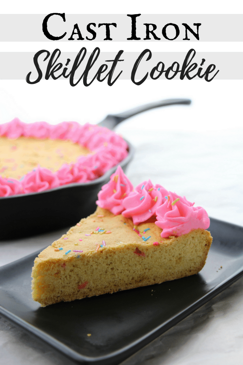 A cast iron skillet cookie recipe for a gigantic sugar cookie with rainbow sprinkles and homemade pink frosting. The sprinkles give the cake a funfetti vibe, making it perfect for birthday parties or other celebrations.