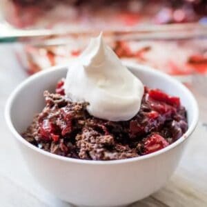 Chocolate cherry dump cake made with devil's food cake mix and cherry pie filling.