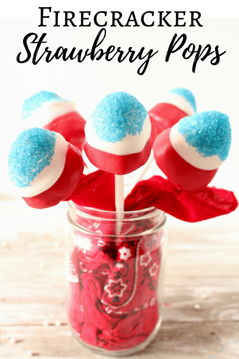 Firecracker Strawberry Pops are a fun and festive dessert perfect for a 4th of July BBQ, patriotic Memorial Day celebration, or laid back Labor Day. These no bake red, white, and blue treats are easy to make, adorable, and tasty as can be.