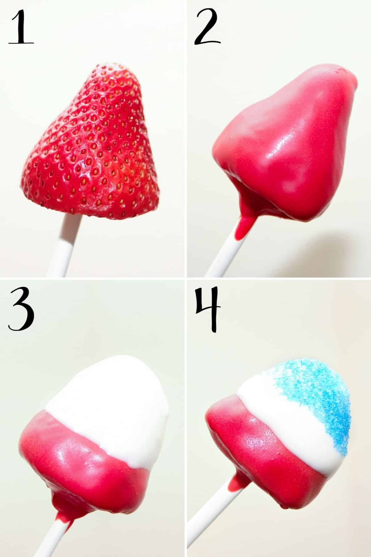 How to dip strawberries for 4th of july: first put on stick, then dip in red candy melts, followed by white, then dip in blue sanding sugar.