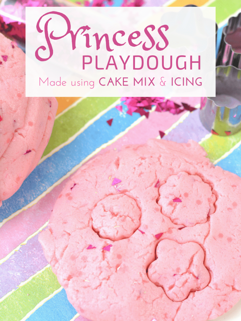 This glittery pink princess playdough recipe is perfect for your little princess! This easy homemade no cook playdough is made with cake mix, icing, food coloring, olive oil, and glitter. You could use edible glitter instead for a completely edible playdough recipe as well!