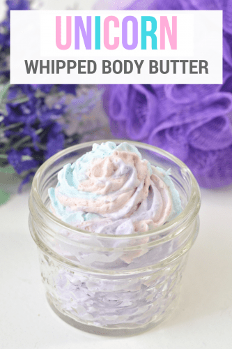 An easy DIY unicorn whipped body butter recipe made using shea butter, coconut oil, mica powder, and essential oils. Not only is this rainbow unicorn body butter beautiful, but this homemade body butter is rich, creamy, and moisturizing as well.