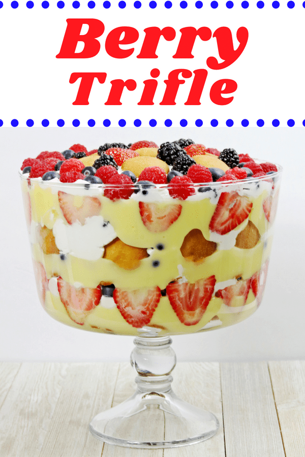 A red, white, and blue patriotic berry trifle recipe made with fresh berries, Nilla Wafers, vanilla pudding, and frozen whipped topping. This easy trifle recipe makes a great no-bake summer dessert and is perfect for patriotic holidays such as Memorial Day, 4th of July, and Flag Day.