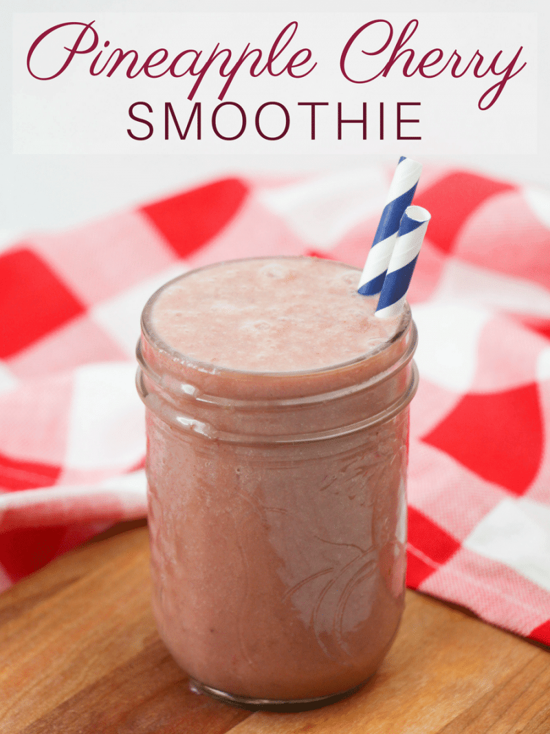 Delicious pineapple cherry smoothie recipe made with frozen pineapple, cherries, kale, almond milk, yogurt, and vanilla extract. A tasty and refreshing treat for kids or grown-ups!