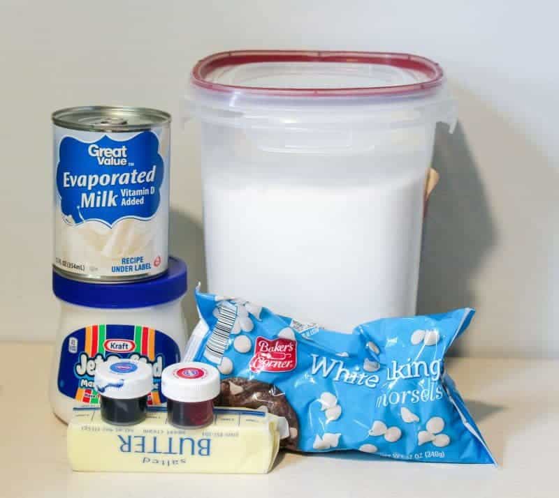 Red White and Blue Fudge Ingredients: Marshmallow creme, butter, sugar, food coloring, white chocolate chips, evaporated milk
