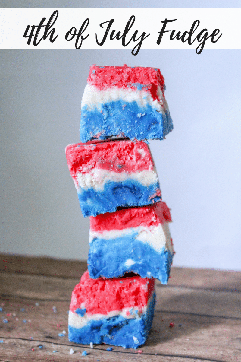 A red, white, and blue marshmallow creme fudge recipe made with marshmallow creme, evaporated milk, white chocolate chips, sugar, butter, and food coloring.