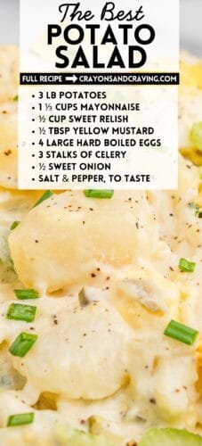 A close-up of potato salad with overlay text listing ingredients and the title “The Best Potato Salad.