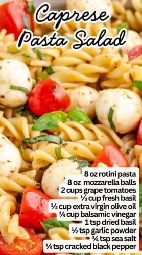 Pasta Caprese Salad recipe pin with close-up of pasta salad and full recipe text.