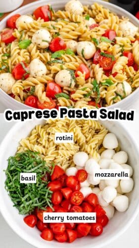 Caprese Pasta Salad pin with ingredients labeled in a bowl: cherry tomatoes, mozzarella, rotini, and basil.