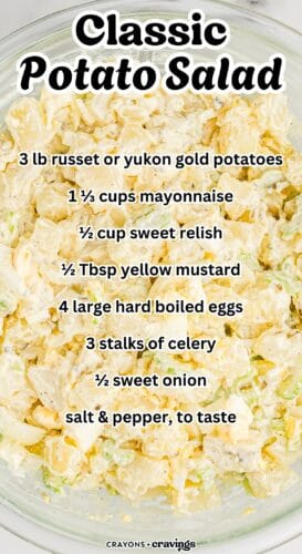 Overhead image of potato salad with overlay text listing ingredients including potatoes, mayonnaise, relish, mustard, eggs, celery, onion, and seasoning. Title at top reads “Classic Potato Salad,” and branding at the bottom reads “Crayons & Cravings.”