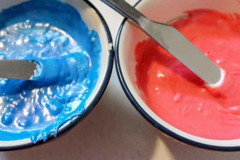 Now is the part where things get fun. The mixture is divided up into 3 parts. One part is dyed blue, one red, and one is left white. 
