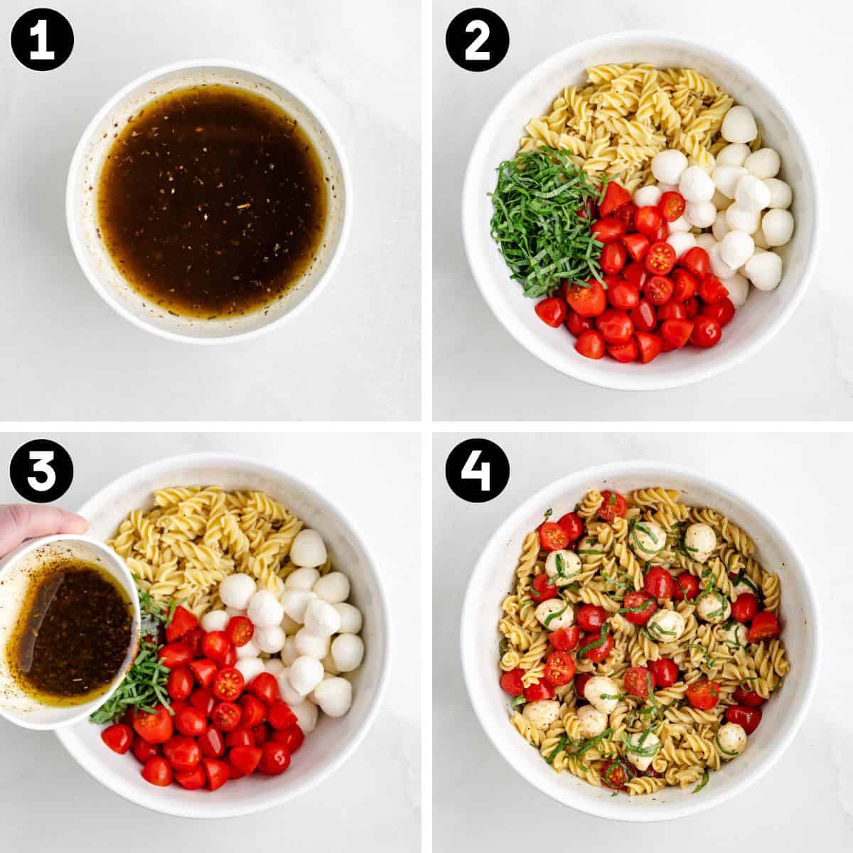 Collage of four steps for making Caprese pasta salad. The first image shows a bowl of vinaigrette dressing. The second displays pasta, mozzarella balls, cherry tomatoes, and basil in a bowl. In the third, the dressing is poured in. The fourth shows the finished, mixed salad.